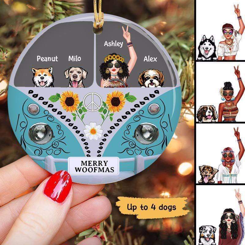 Woman & Dog In Car Hippie Bohemian Personalized Circle Ornaments