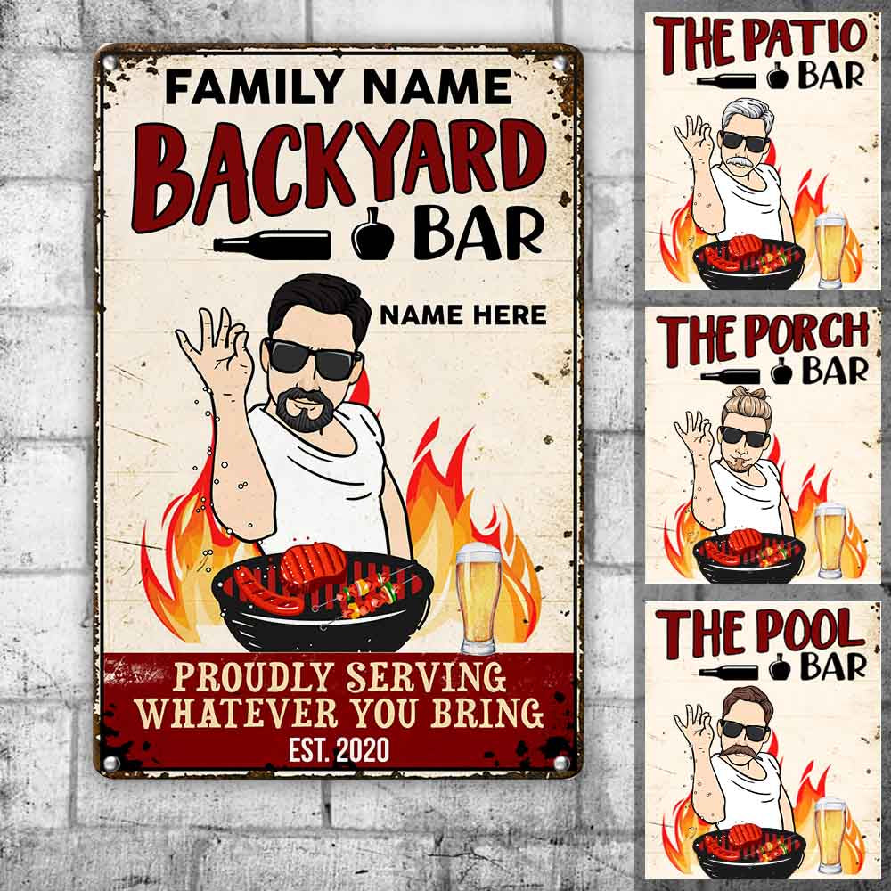 Personalized Backyard Bar Man Proudly Serving Metal Sign