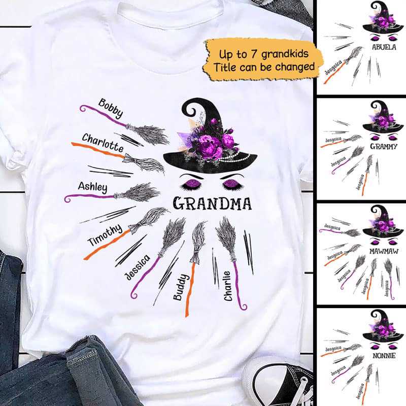 おばあちゃんの魔女とほうきの子供のパーソナライズされたシャツ