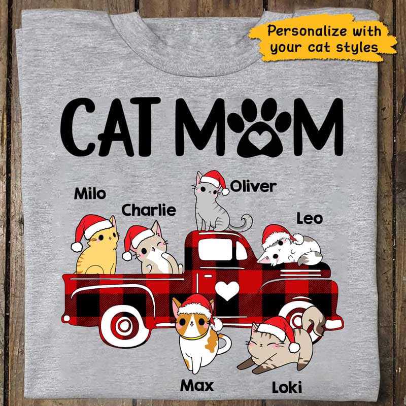Cat Mom Plaid クリスマス トラック パーソナライズド シャツ