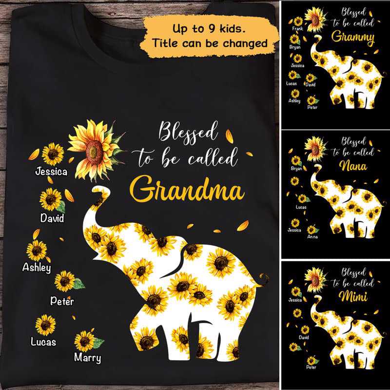 Sunflower Elephant Mom Grandma Personalized Shirt