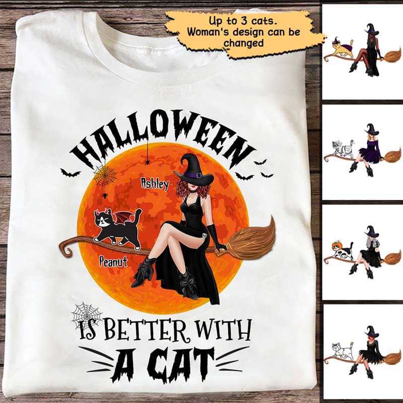 猫と一緒に座っているハロウィーンの魔女 パーソナライズされたシャツ