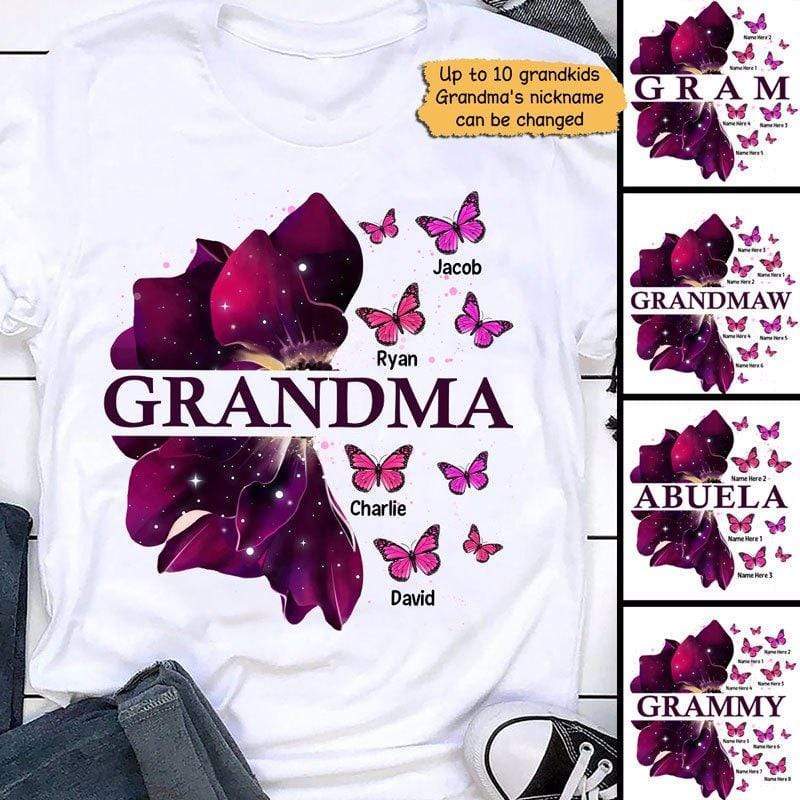 おばあちゃんのフライングバタフライパープルフラワーパーソナライズシャツ