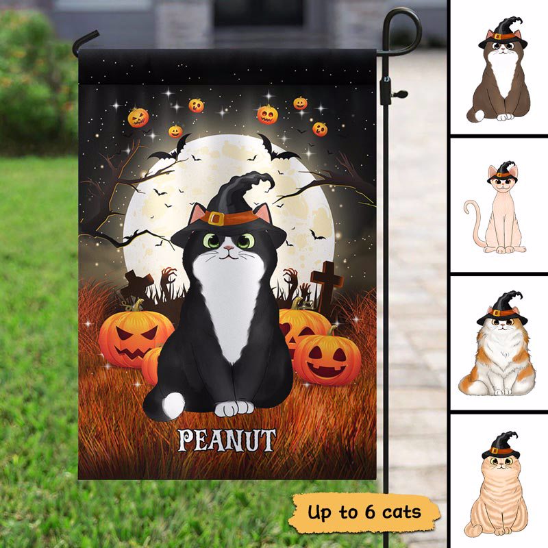 Halloween Night Fluffy Cats Sitting Personalized Garden Flag