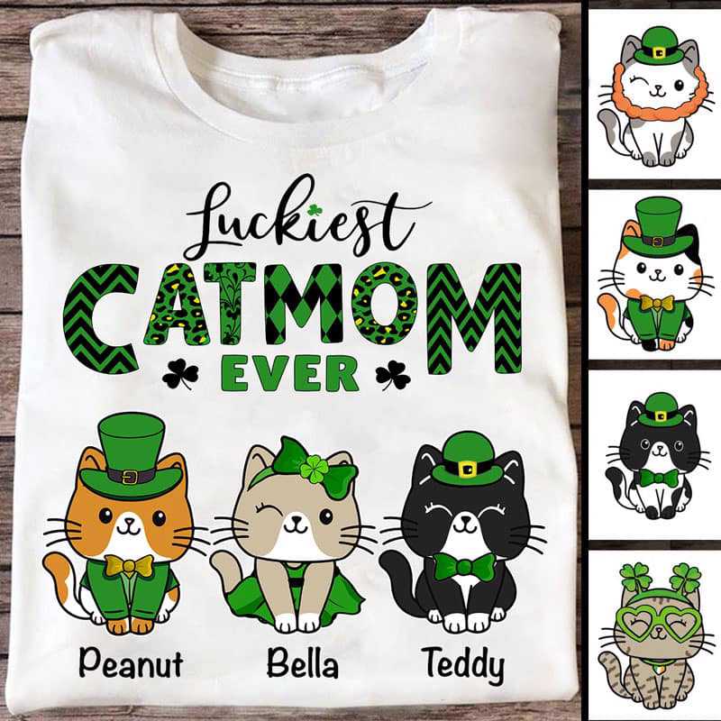 Luckiest Cat Mom Green Pattern St Patrick Day Personalized Shirt