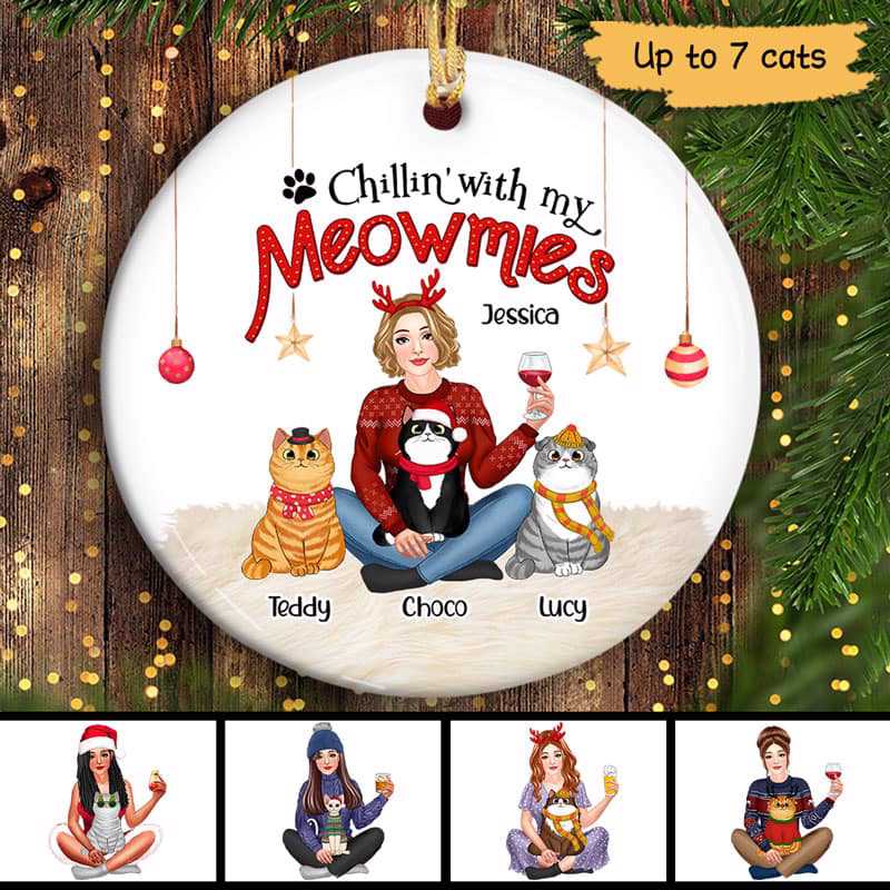 Cat Mom Pretty Girl Christmas Personalized Decorative Circle Ornament