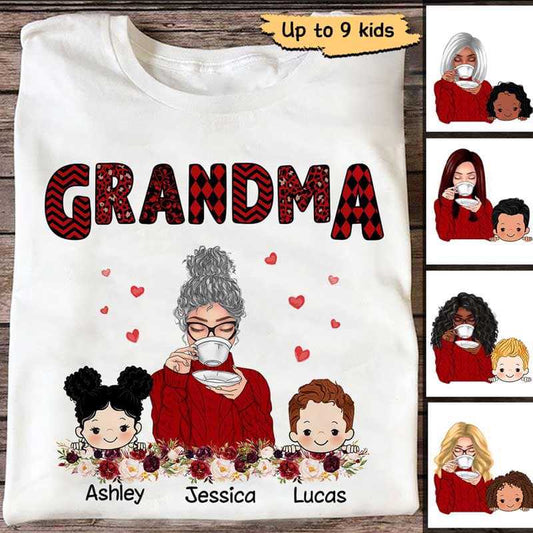 Grandma Red Pattern And Kids Personalized Shirt