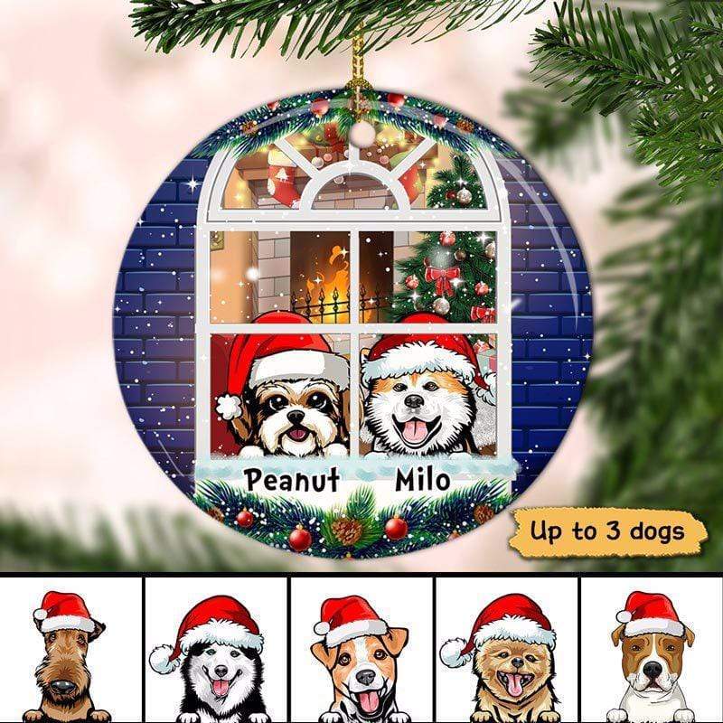 Peeking Dogs Looking Outside Window Christmas Personalized Circle Ornament