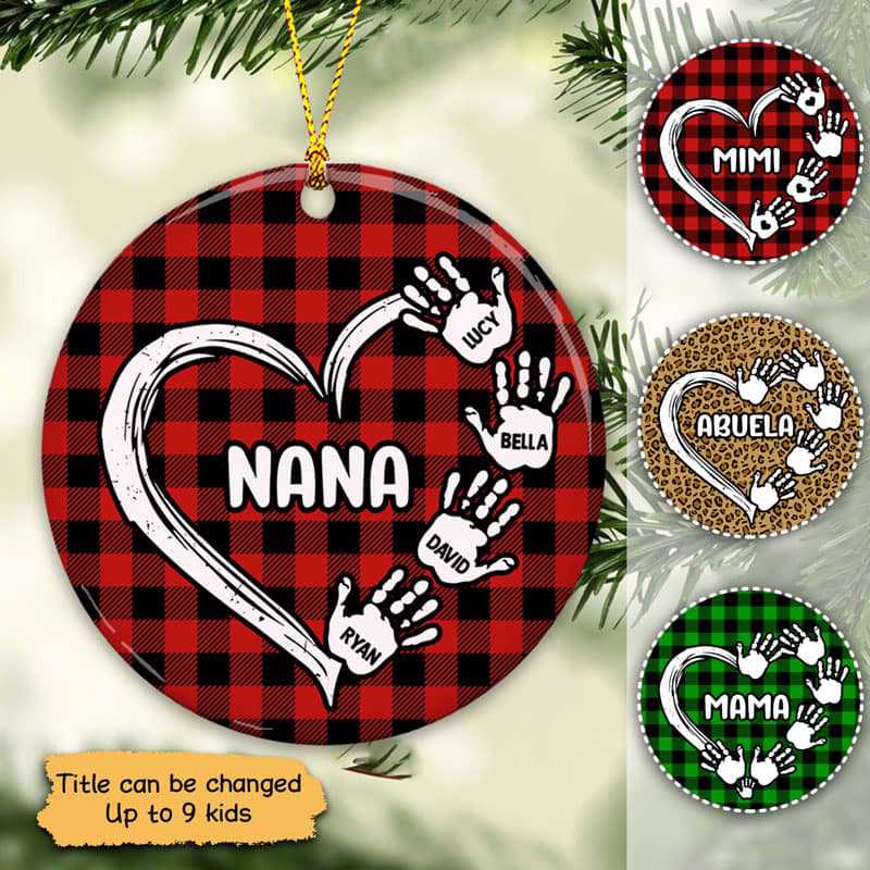 Christmas Mom Grandma Heart Hands Personalized Circle Ornament
