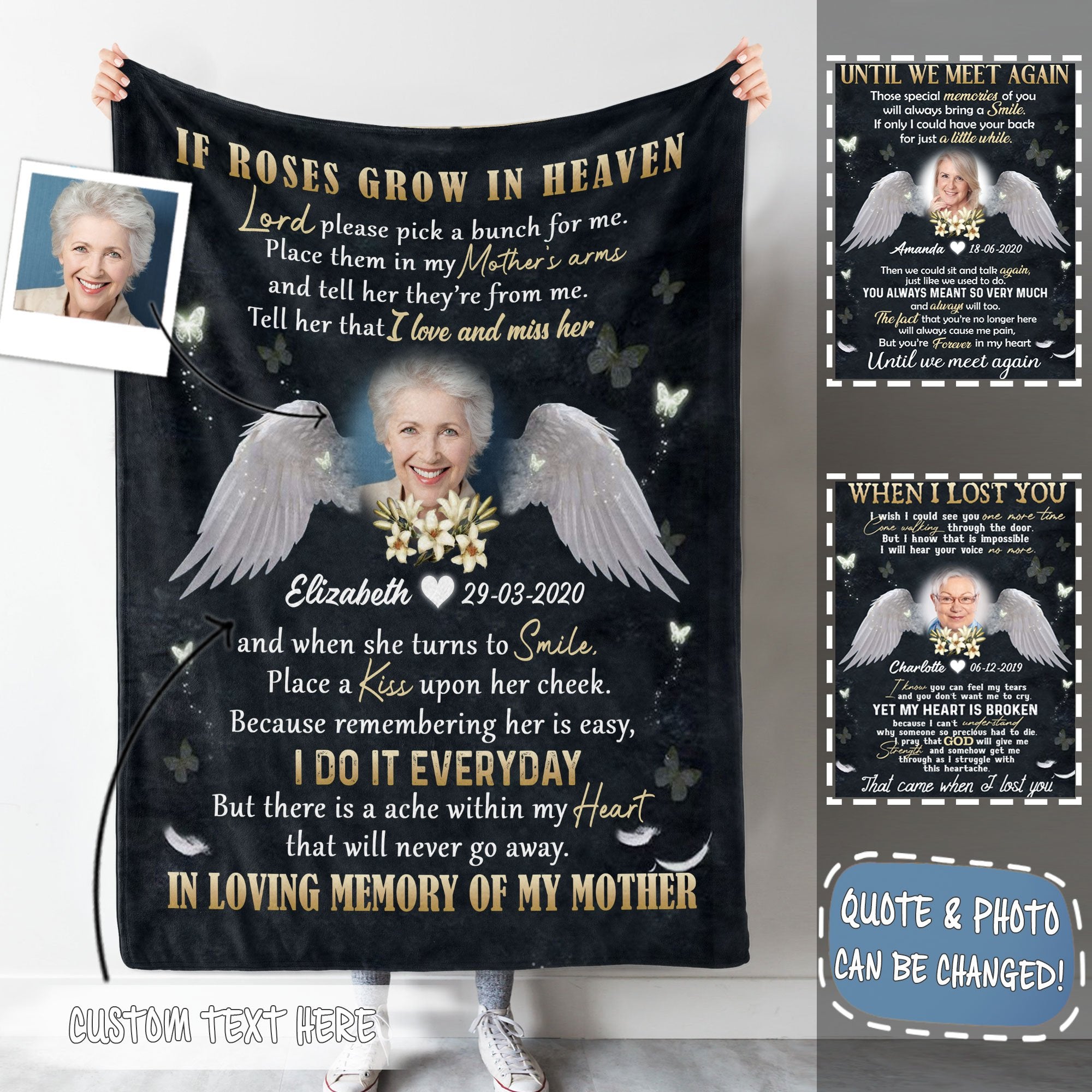 Angel Wings Flower Mother Upload Photo If Roses Grow In Heaven Personalized Flannel Blanket
