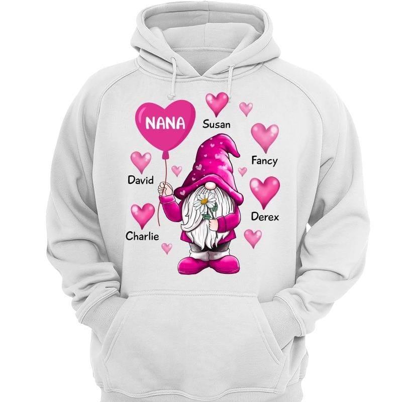 Pink Gnome Holding Balloon Valentine‘s Day Gift For Grandma Personalized Hoodie Sweatshirt