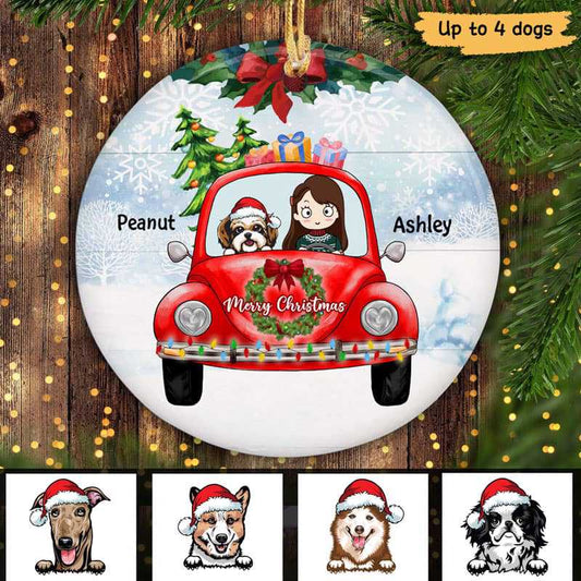 Chibi Girl & Dogs On Christmas Car Personalized Decorative Circle Ornament