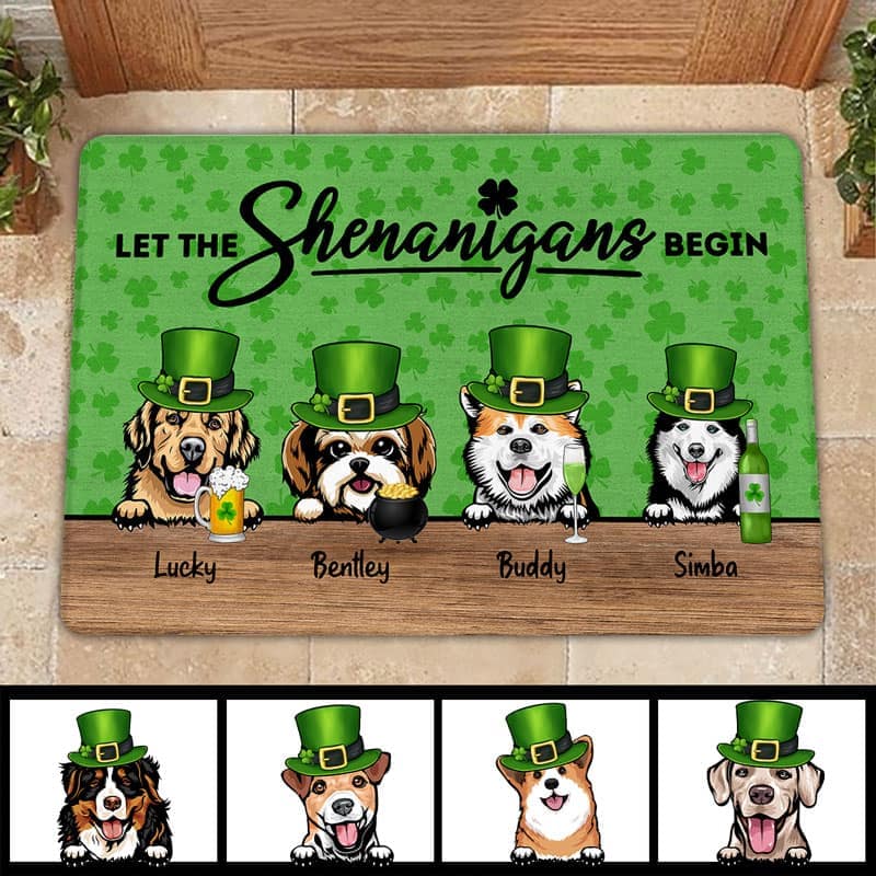 Peeking Dogs Shamrock St. Patrick‘s Day Personalized Doormat
