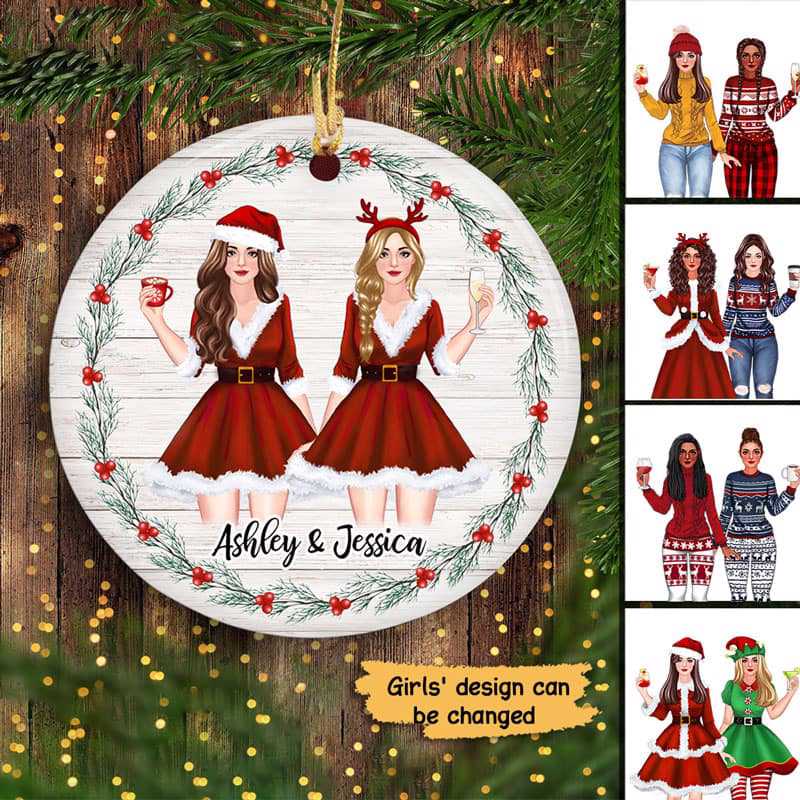 Christmas Besties Wreath Personalized Circle Ornament