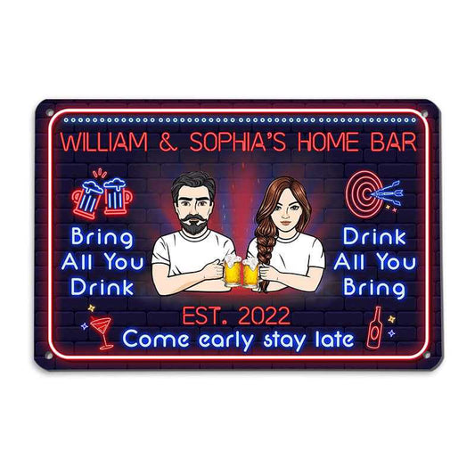 Home Bar Neon Effect Personalized Metal Sign