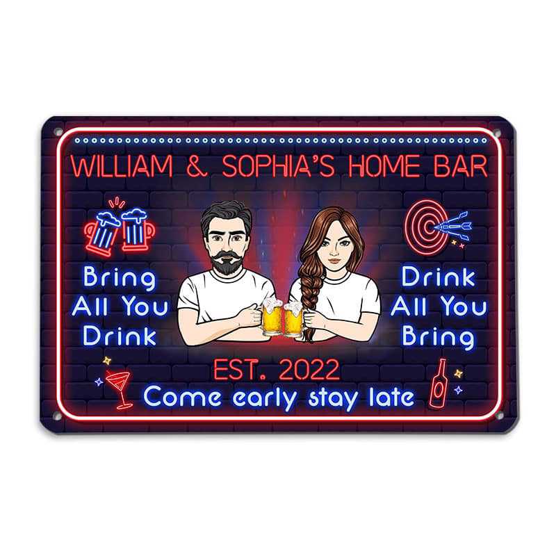 Home Bar Neon Effect Personalized Metal Sign