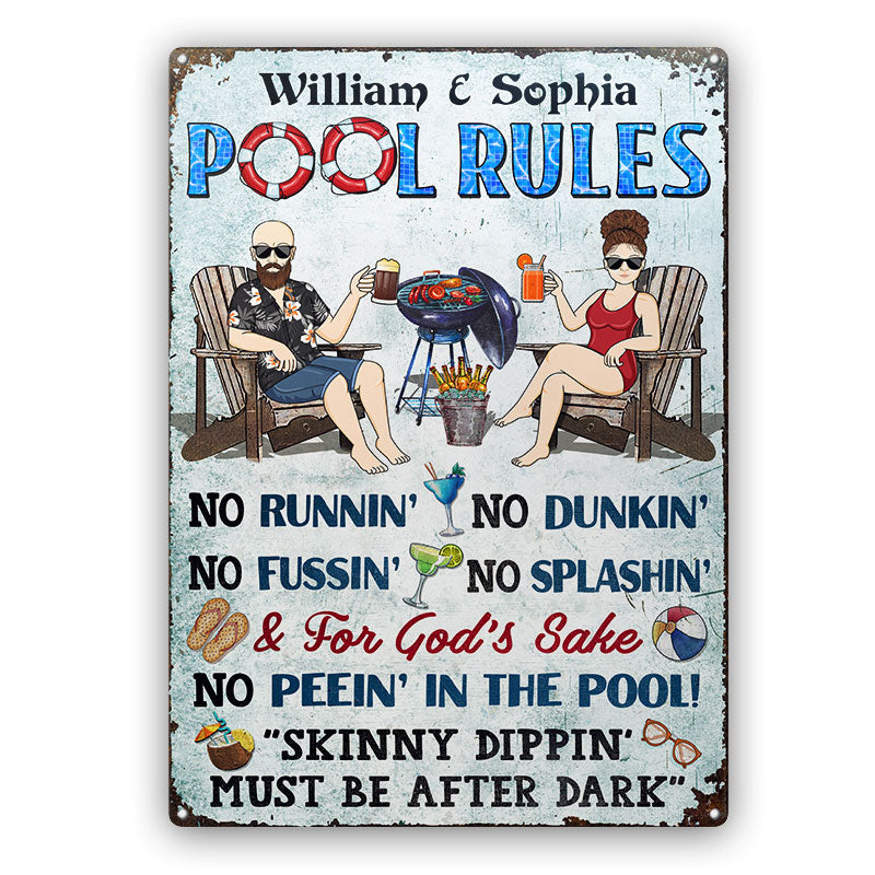 Pool Rules Grilling No Running No Splashing No Dunking Couple Husband Wife – Backyard Sign – パーソナライズされたカスタムクラシックメタルサイン