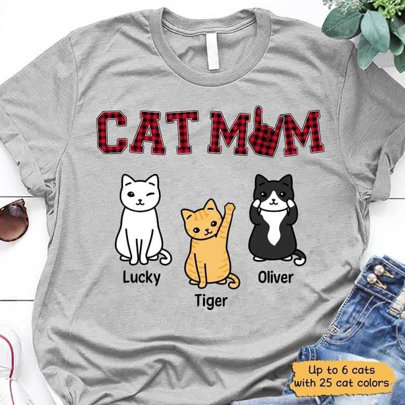 Cat Mom Red Plaid Sitting Cat Personalized Shirt