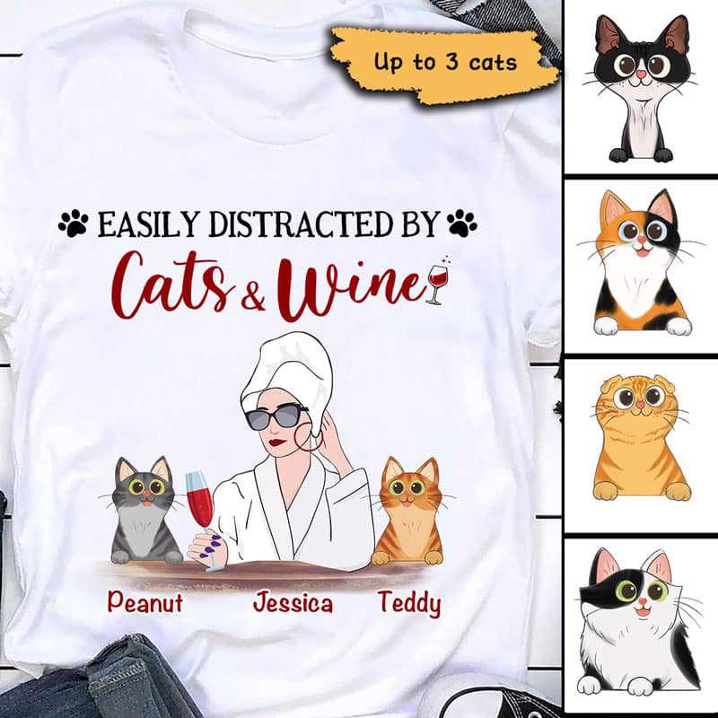 Easily Distracted By Cats and Wine Cartoon Personalized Shirt