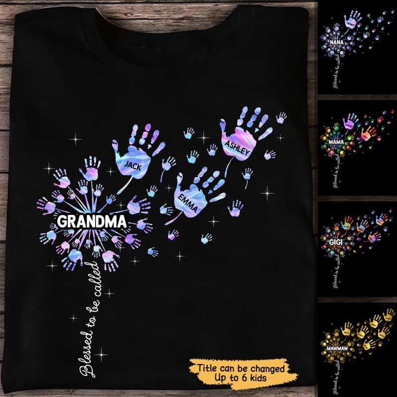 タンポポの手形ママおばあちゃんパーソナライズシャツ