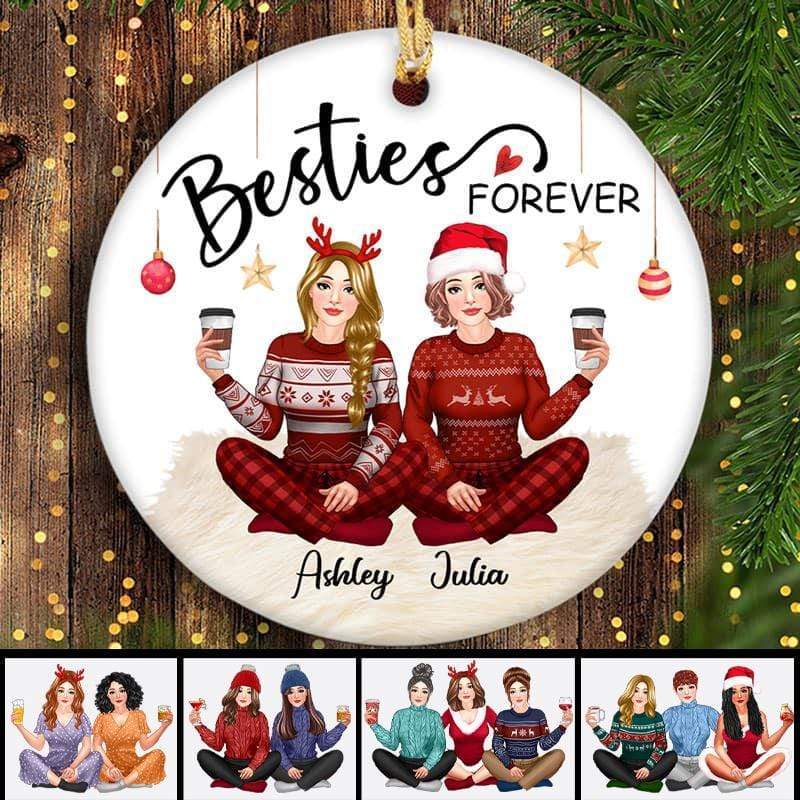 Pretty Girls Sitting Besties Christmas Personalized Circle Ornament