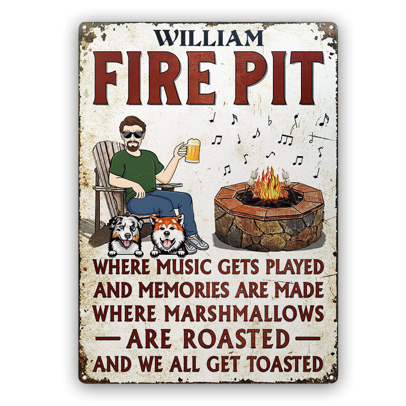 Fire Pit Where Music Gets Played Camping Dog Lovers Vertical - Backyard Sign - Personalized Custom Classic Metal Signs