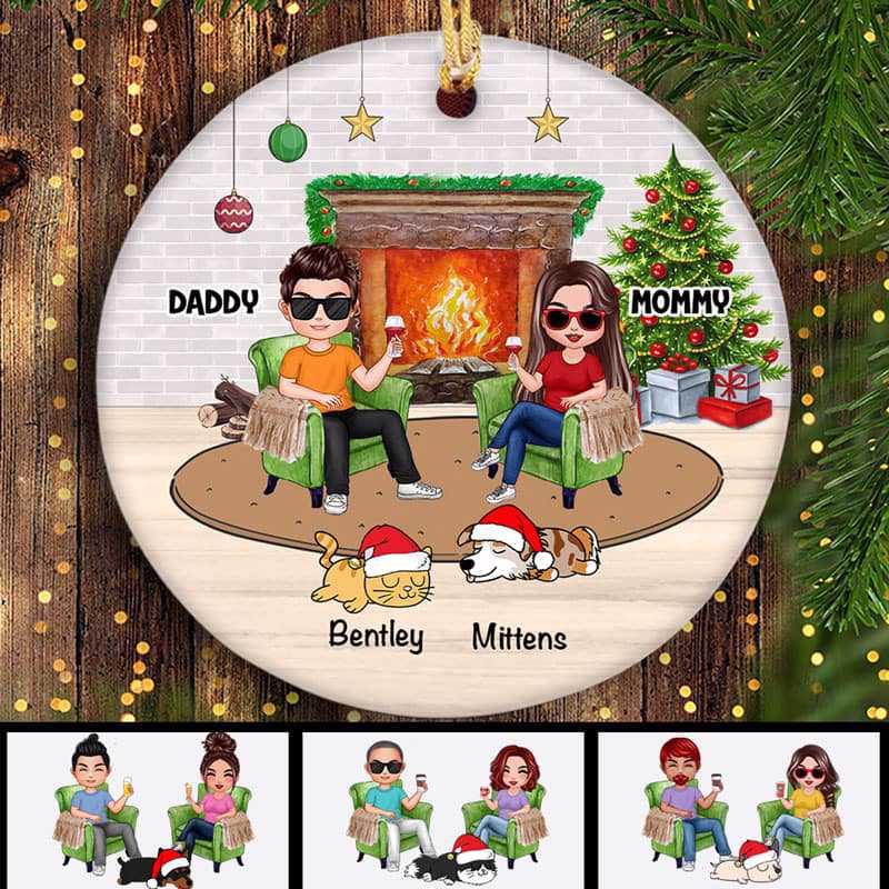 Doll Couple And Dogs Cats Personalized Christmas Ornament