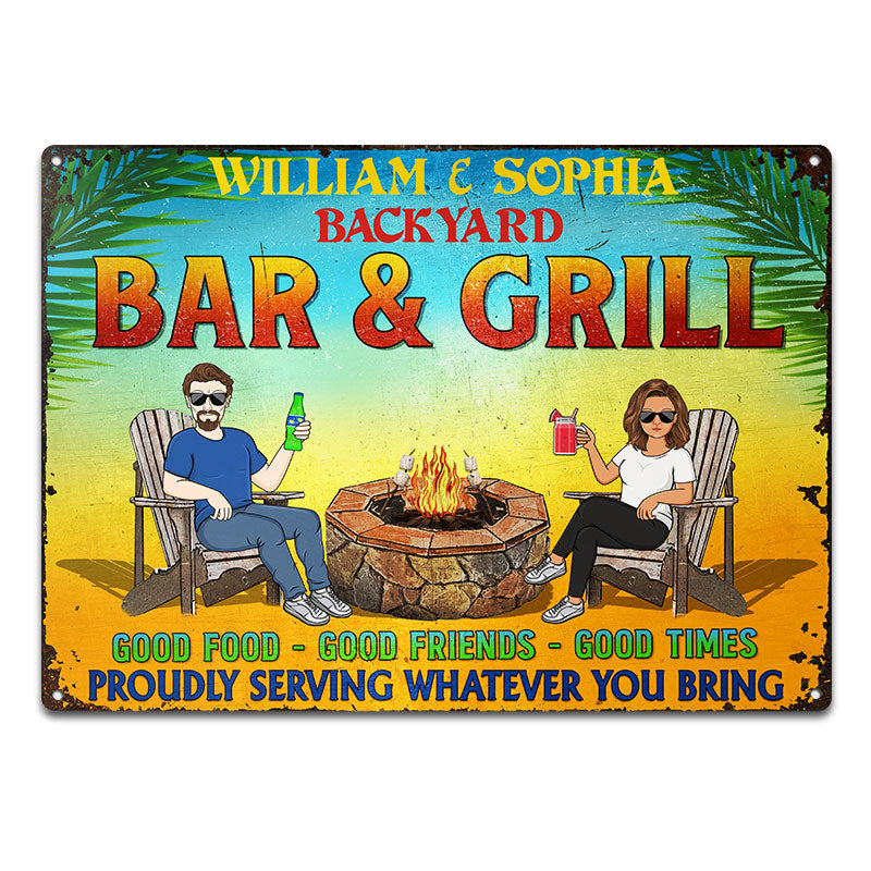 Bar & Grill Good Food Good Friends Husband Wife Couple Summer - Backyard Sign - Personalized Custom Classic Metal Signs