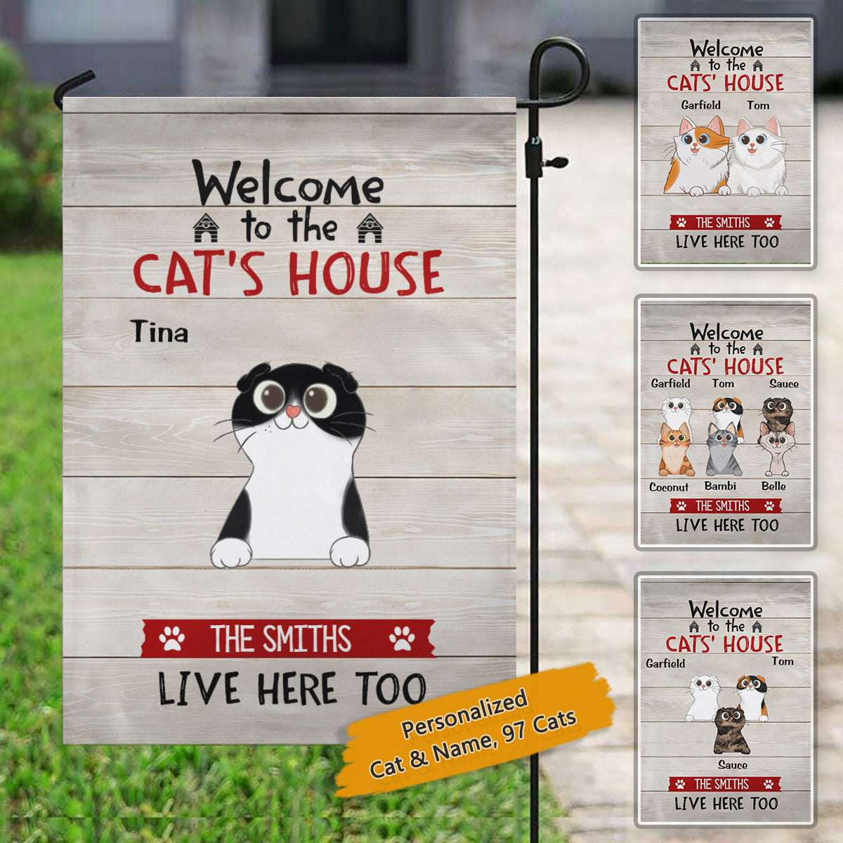 Welcome To The Cat House Cartoon Peeking Cat Personalized Garden Flag