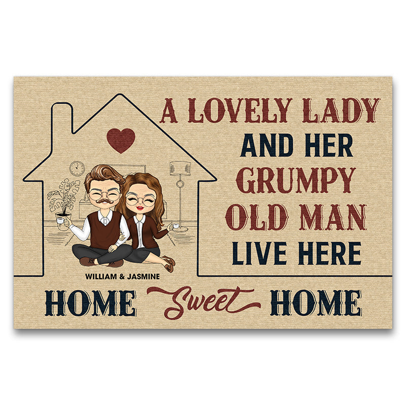 Old Couple A Lovely Lady And A Grumpy Old Man Live Here Husband Wife - Couple Gift - Personalized Custom Doormat