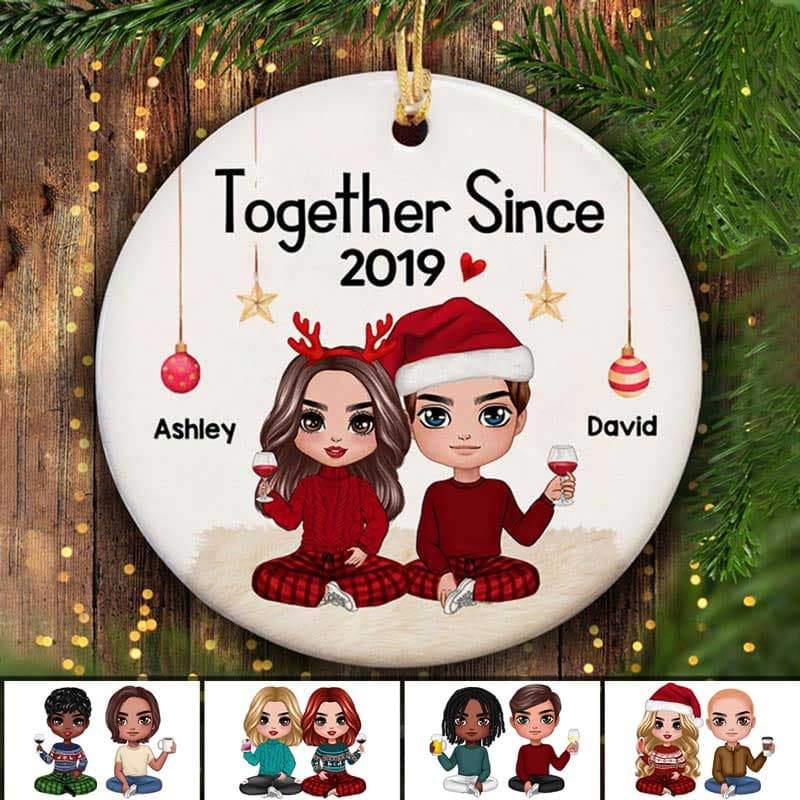 Doll Couple Sitting Christmas Personalized Circle Ornament