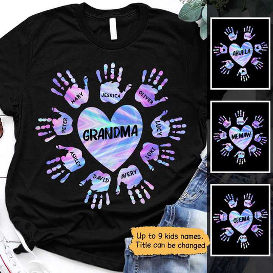 Grandma Mom Heart Hand Print Colorful Personalized Shirt