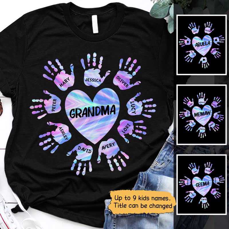 おばあちゃんママハートハンドプリントのカラフルなパーソナライズされたシャツ