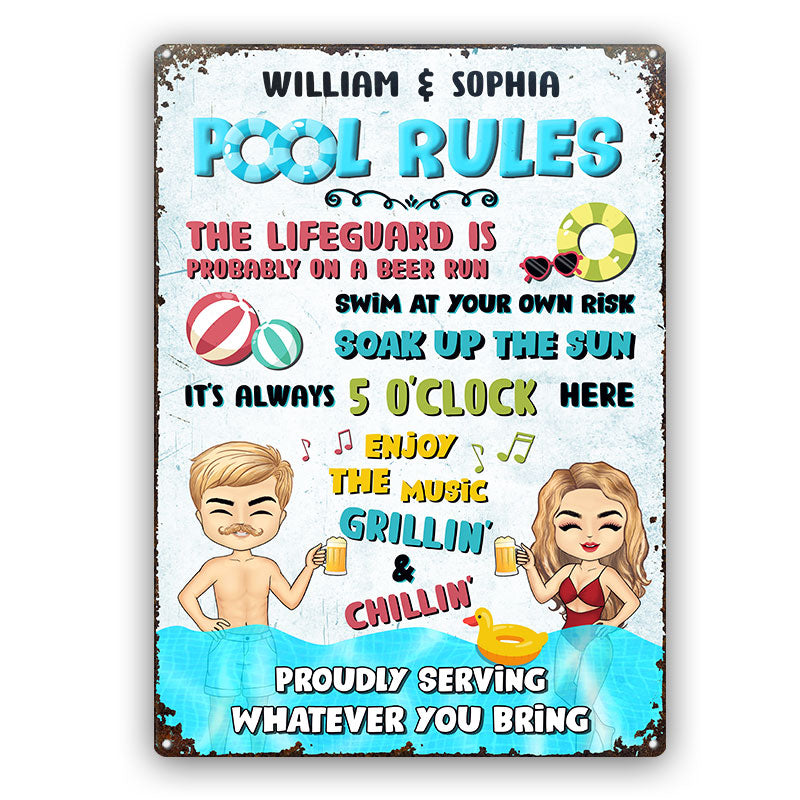 Swimming Pool Rules Proudly Serving Whatever You Bring - Personalized Custom Classic Metal Signs
