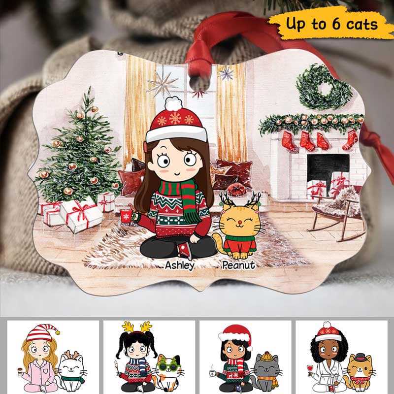 Girl & Cats In House Personalized Christmas Ornament