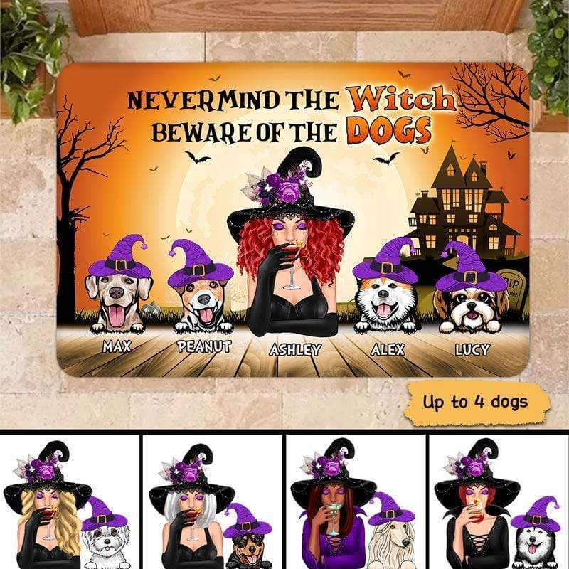 Nevermind The Witch Beware Of The Dogs Halloween Personalized Doormat