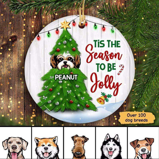 Christmas Tree Peeking Dog Personalized Circle Ornaments