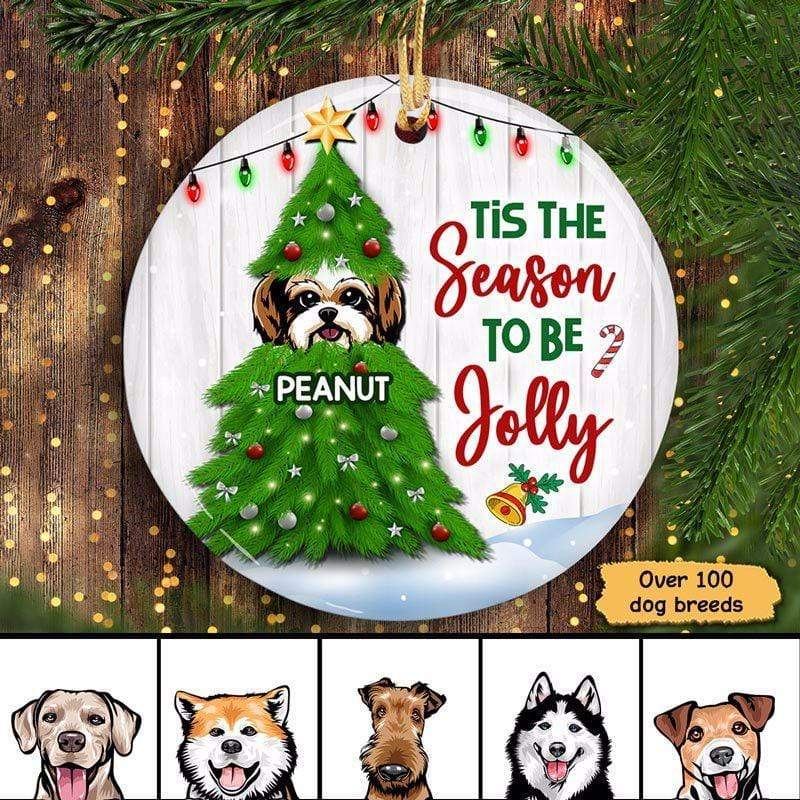 Christmas Tree Peeking Dog Personalized Circle Ornaments