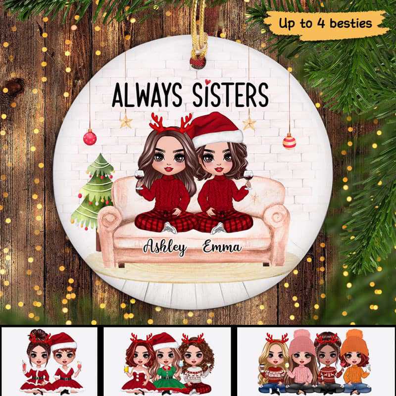 Besties On Sofa Doll Girls Personalized Circle Ornament