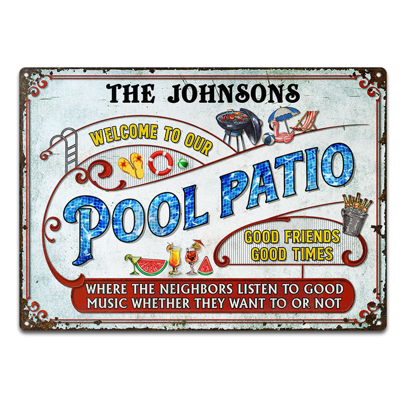 Poolside Grilling Listen To The Good Music Couple Family - Backyard Sign - Personalized Custom Classic Metal Signs