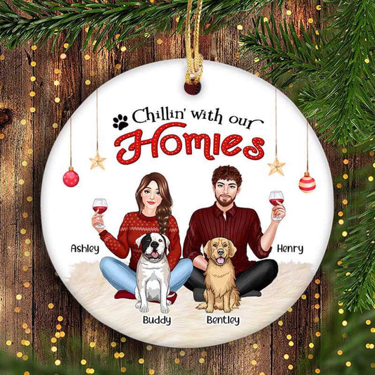 You Me & The Dogs Couple Front View Personalized Circle Ornament