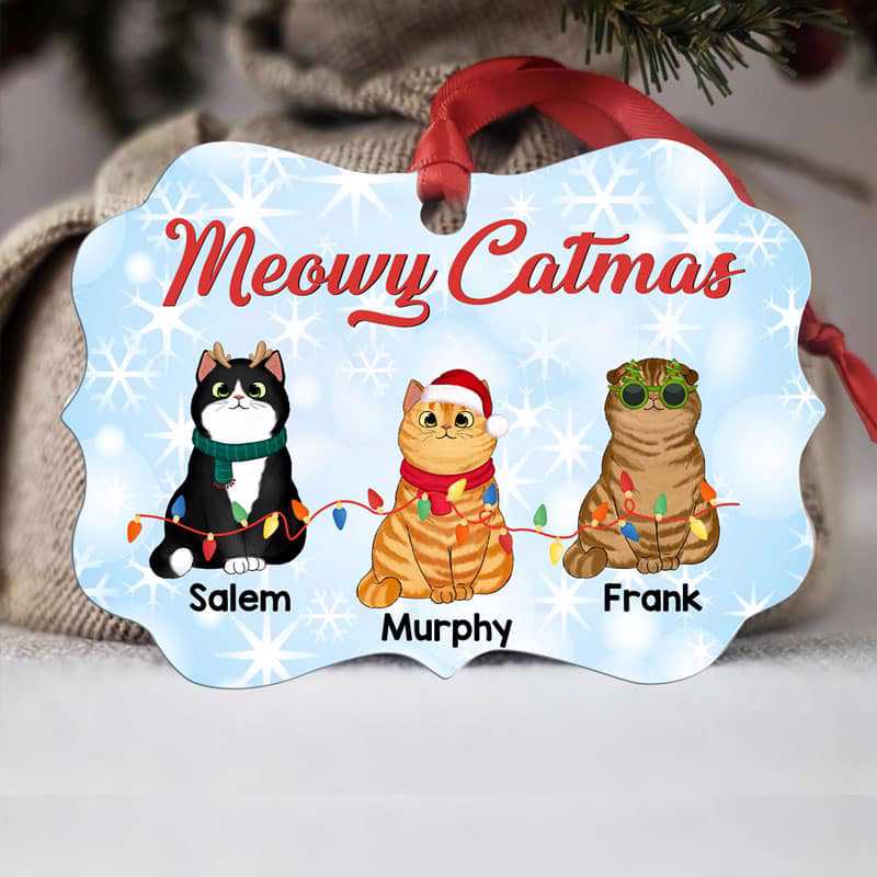 Light String Fluffy Cats Personalized Christmas Ornament