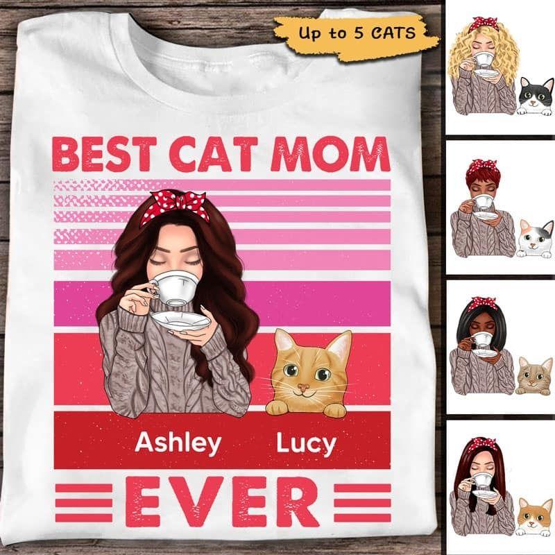 Best Cat Mom Pink Retro Personalized Shirt