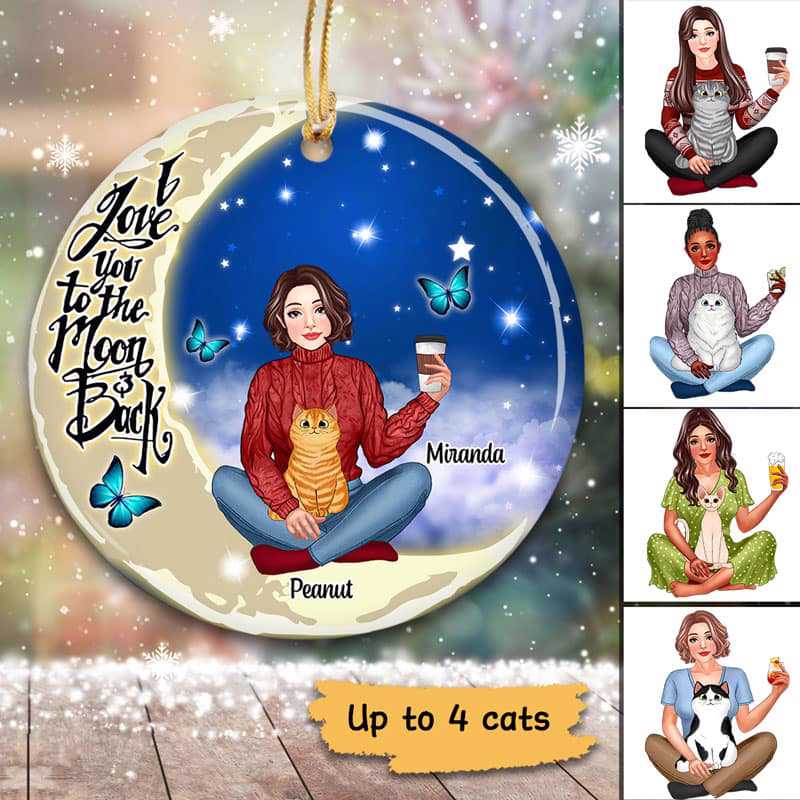 Pretty Girl & Cat On Moon Personalized Circle Ornament