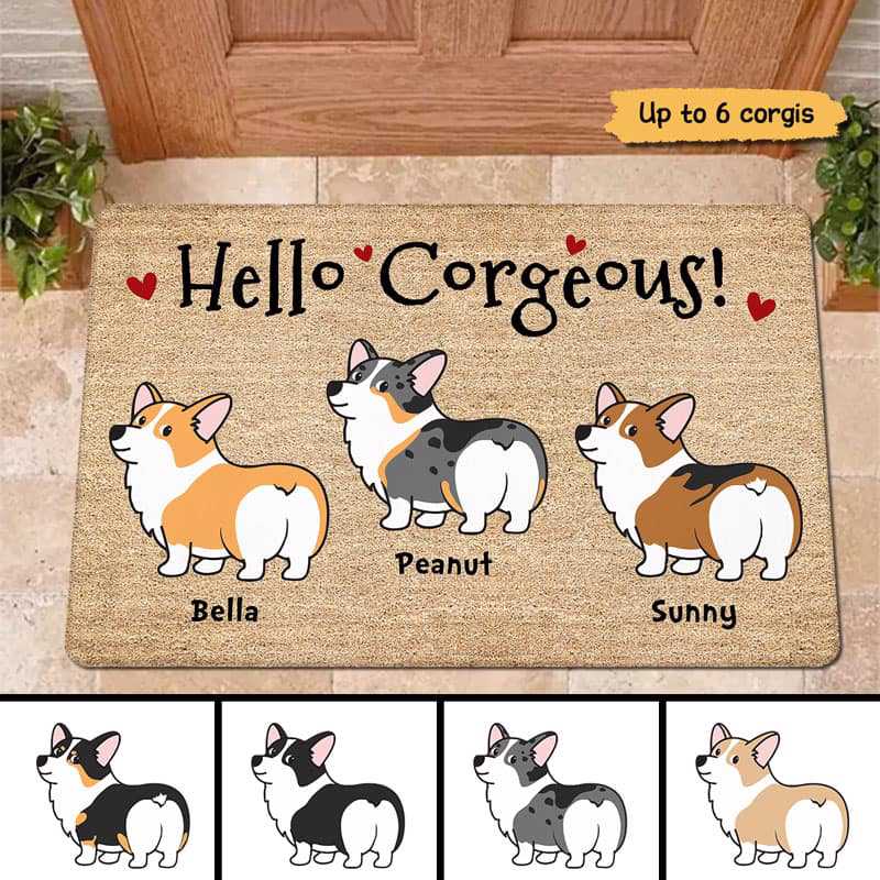 Corgi Dogs Hello Corgeous パーソナライズド ドアマット