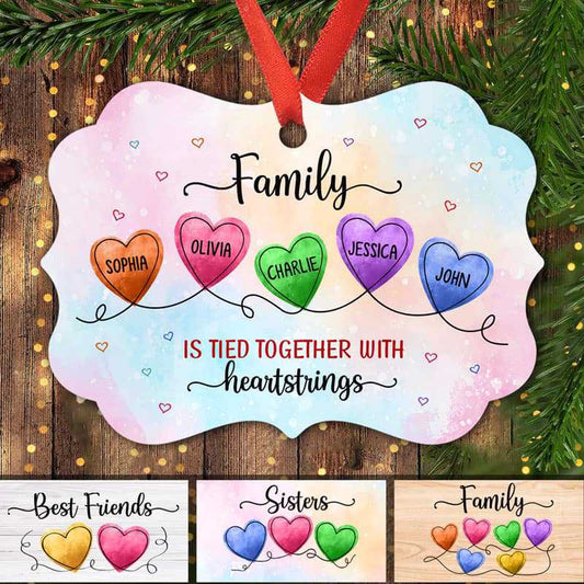 Family Sisters Heartstrings Watercolor Personalized Christmas Ornament