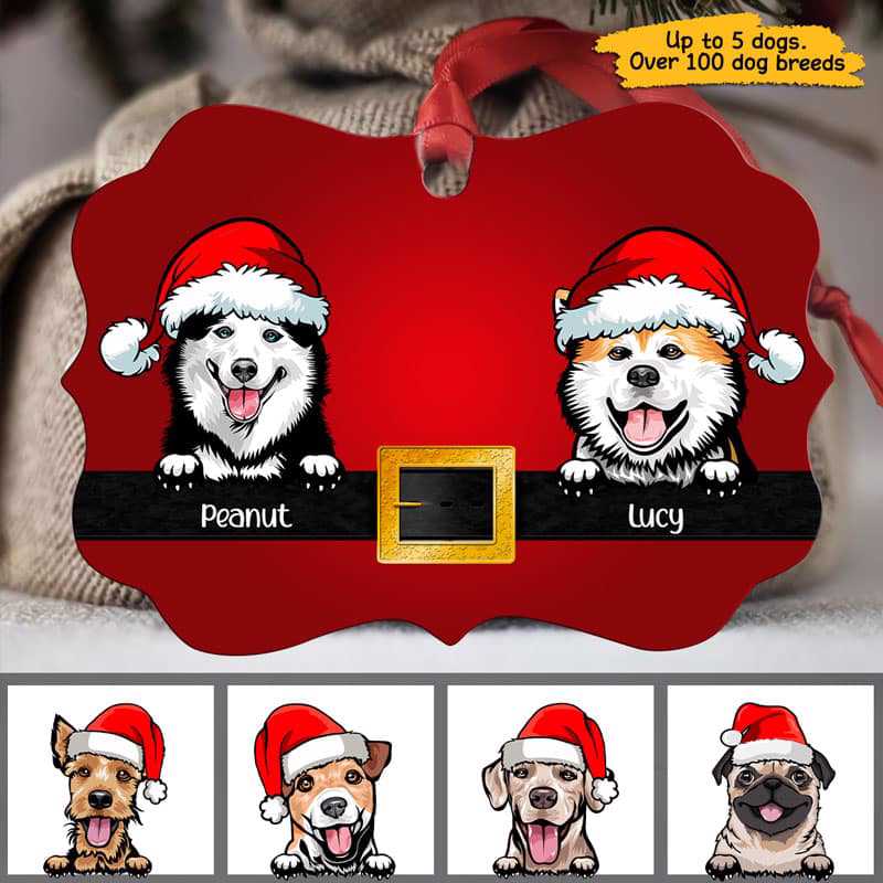 Dogs On Santa Belt Personalized Christmas Ornament