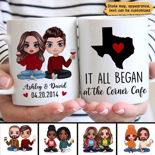 Where It All Began Doll Couple Sitting State Map Valentine‘s day Gift Anniversary Gift For Her For Him Personalized Mug