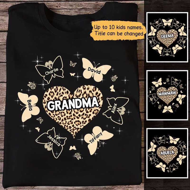 Grandma Mom Heart Butterfly Around Leopard Personalized Shirt