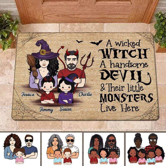 Witch Devil And Monsters Halloween Personalized Doormat